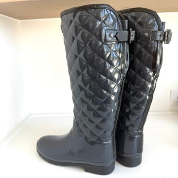 Hunter Gloss Quilted Tall Rain Boots Charcoal Rubber Waterproof 7 Women EUC - Picture 3 of 15